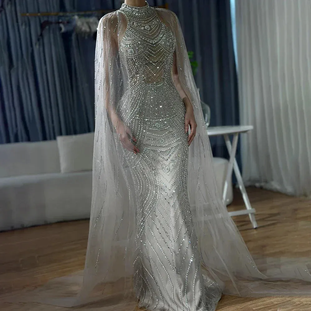 Diynav Dubai Champagne Mermaid Evening Dresses with Cape Sleeves HZ1017 - Image 3