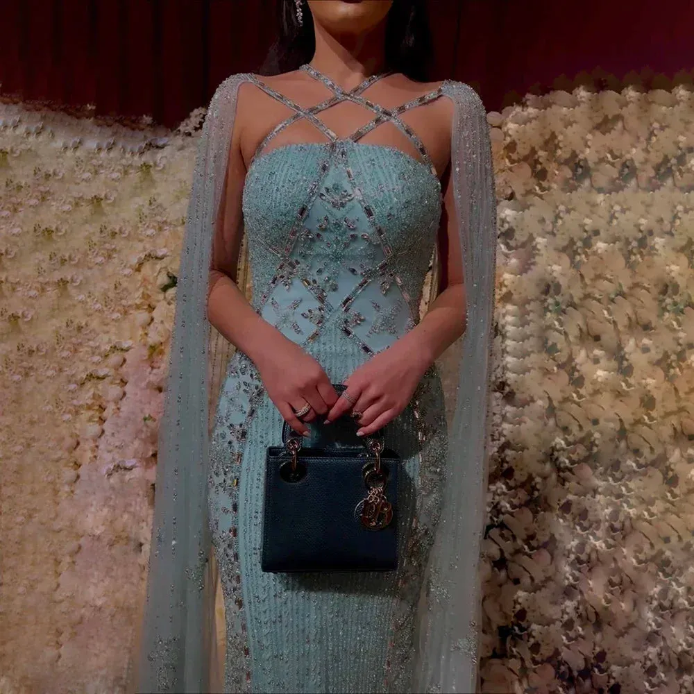 Diynav Aqua Lilac Mermaid Evening Dress with Cape Sleeves HZ1017