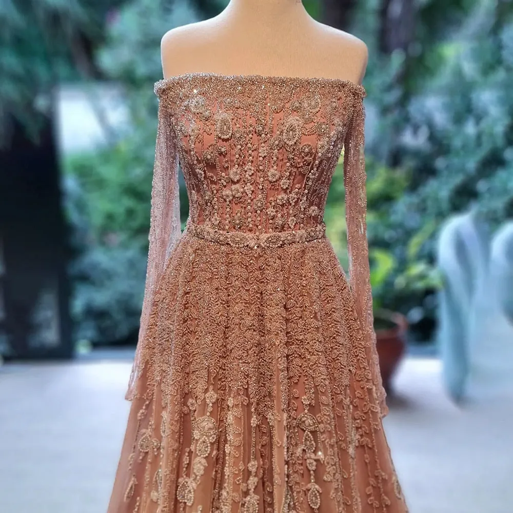 Diynav Dubai Evening Dress Elegant Off Shoulder Long Sleeves HZ1017 - Image 4