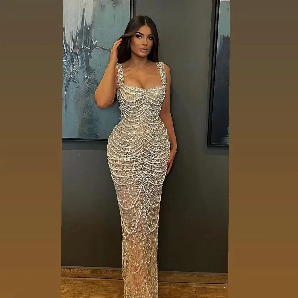 Diynav Pearls Nude Spaghetti Strap Evening Dress HZ1017