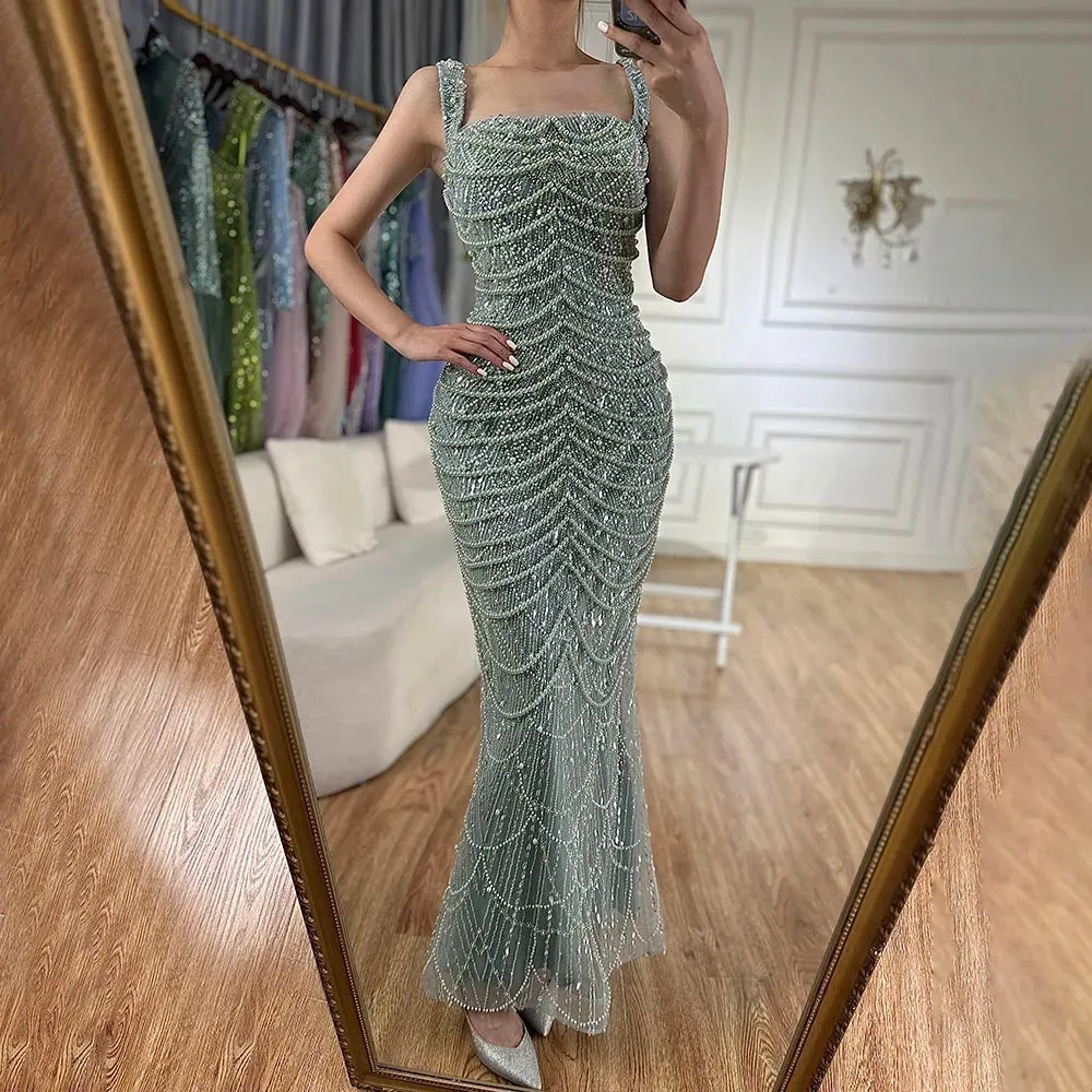 Diynav Pearls Nude Spaghetti Strap Evening Dress HZ1017 - Image 4