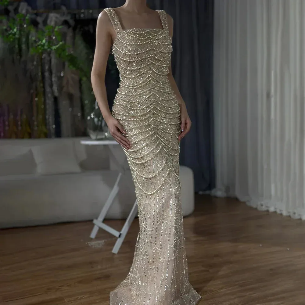 Diynav Pearls Nude Spaghetti Strap Evening Dress HZ1017 - Image 3