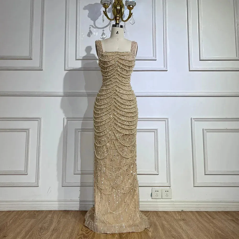 Diynav Pearls Nude Spaghetti Strap Evening Dress HZ1017 - Image 5