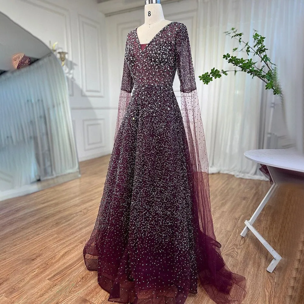 Diynav Purple A Line Beaded Evening Dresses V Neck With Cape Sleeves Gowns For Women Wedding Party 2025 HZ1017