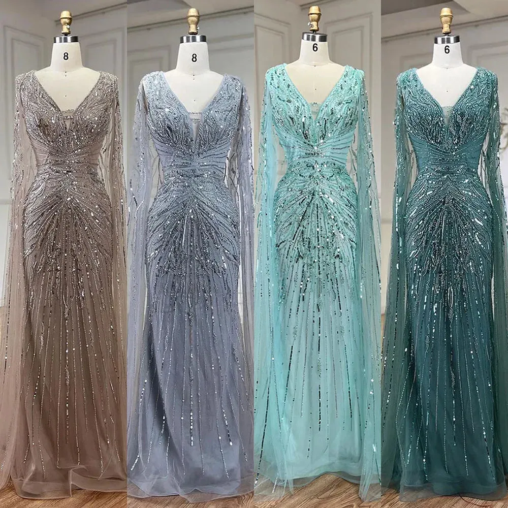 Diynav Dubai Turquoise Mermaid Evening Dresses with Cape V-Neck HZ1017 - Image 2