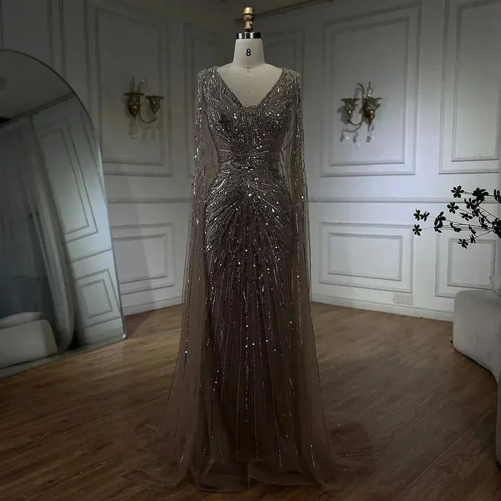 Diynav Dubai Turquoise Mermaid Evening Dresses with Cape V-Neck HZ1017 - Image 4