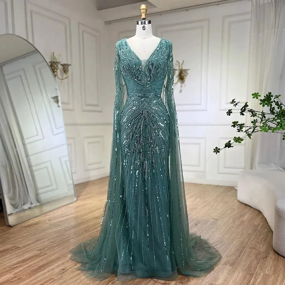 Diynav Dubai Turquoise Mermaid Evening Dresses with Cape V-Neck HZ1017 - Image 3