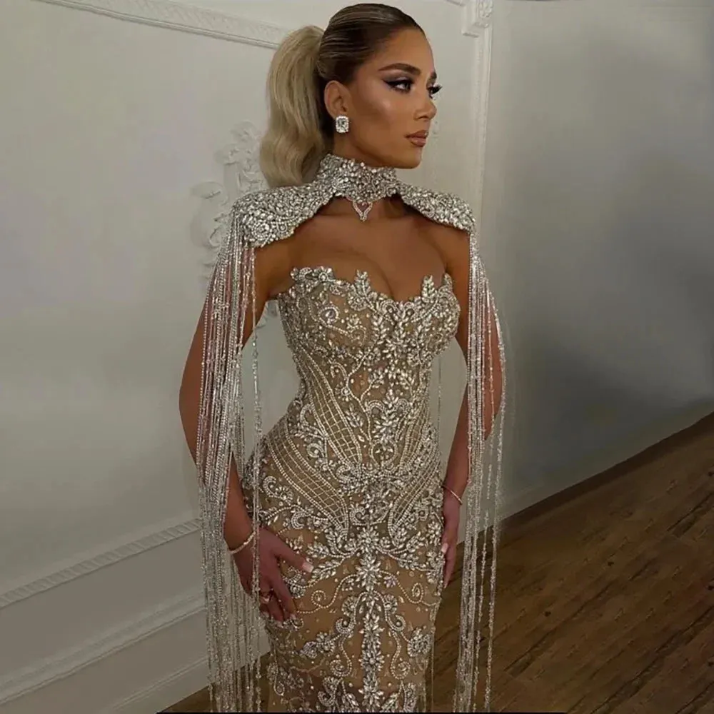 Diynav Nude Strapless Mermaid Tassel Beaded Luxury Evening Dress Gown HZ1017