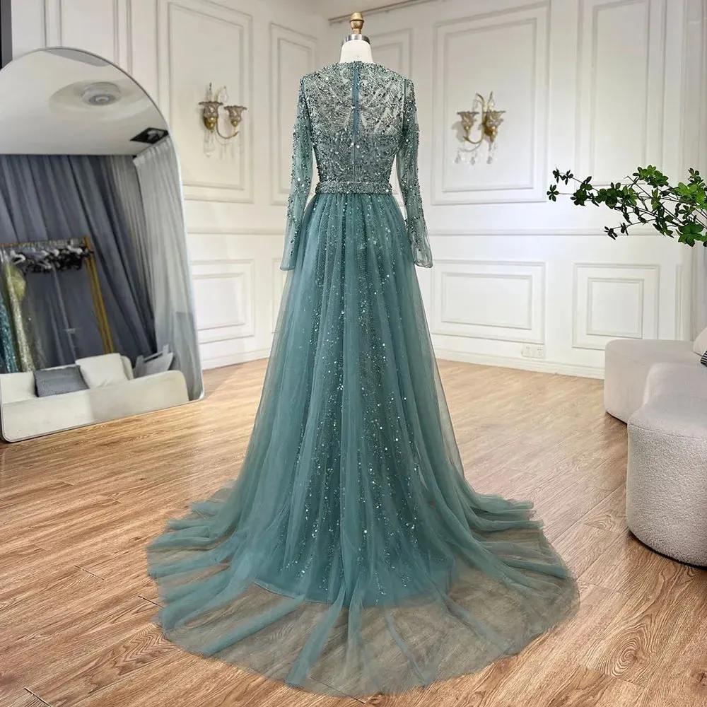 Diynav Dubai Turquoise Mermaid Evening Dress with Tulle HZ1017 - Image 5