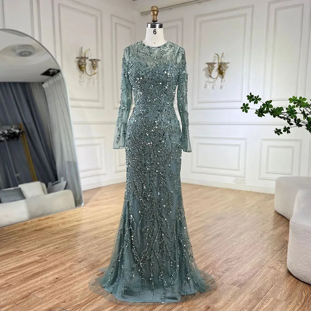 Diynav Dubai Turquoise Mermaid Evening Dress with Tulle HZ1017 - Image 6