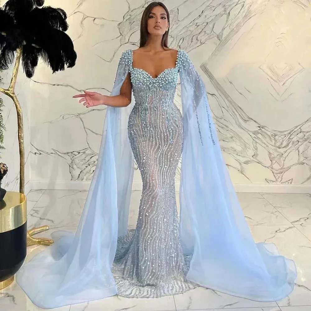 Diynav Arabic Luxury Beaded Mermaid Evening Dress Gown with Cape Sleeves HZ1017