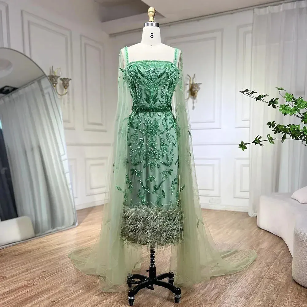 Diynav Mermaid Ankle Length Feather Beaded Evening Dress Gown with Cape HZ1017 - Image 8