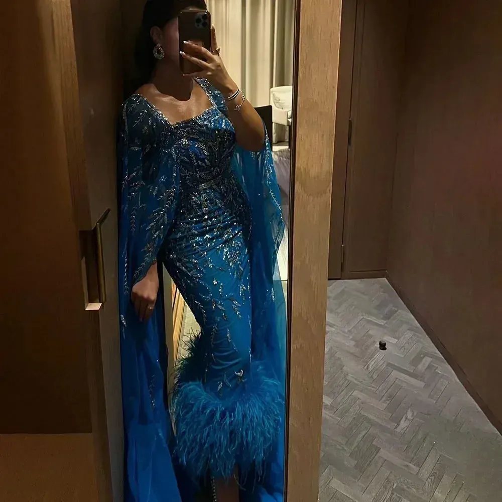 Diynav Mermaid Ankle Length Feather Beaded Evening Dress Gown with Cape HZ1017