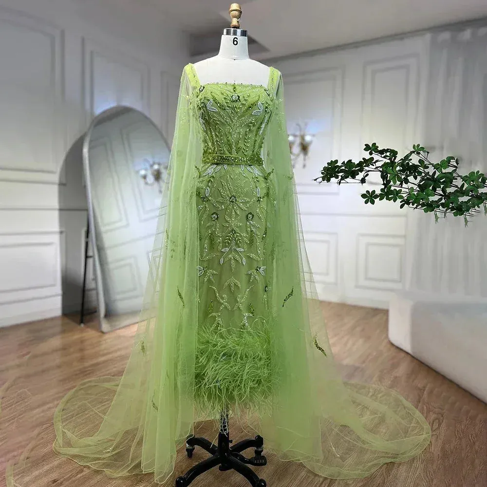 Diynav Mermaid Ankle Length Feather Beaded Evening Dress Gown with Cape HZ1017 - Image 7