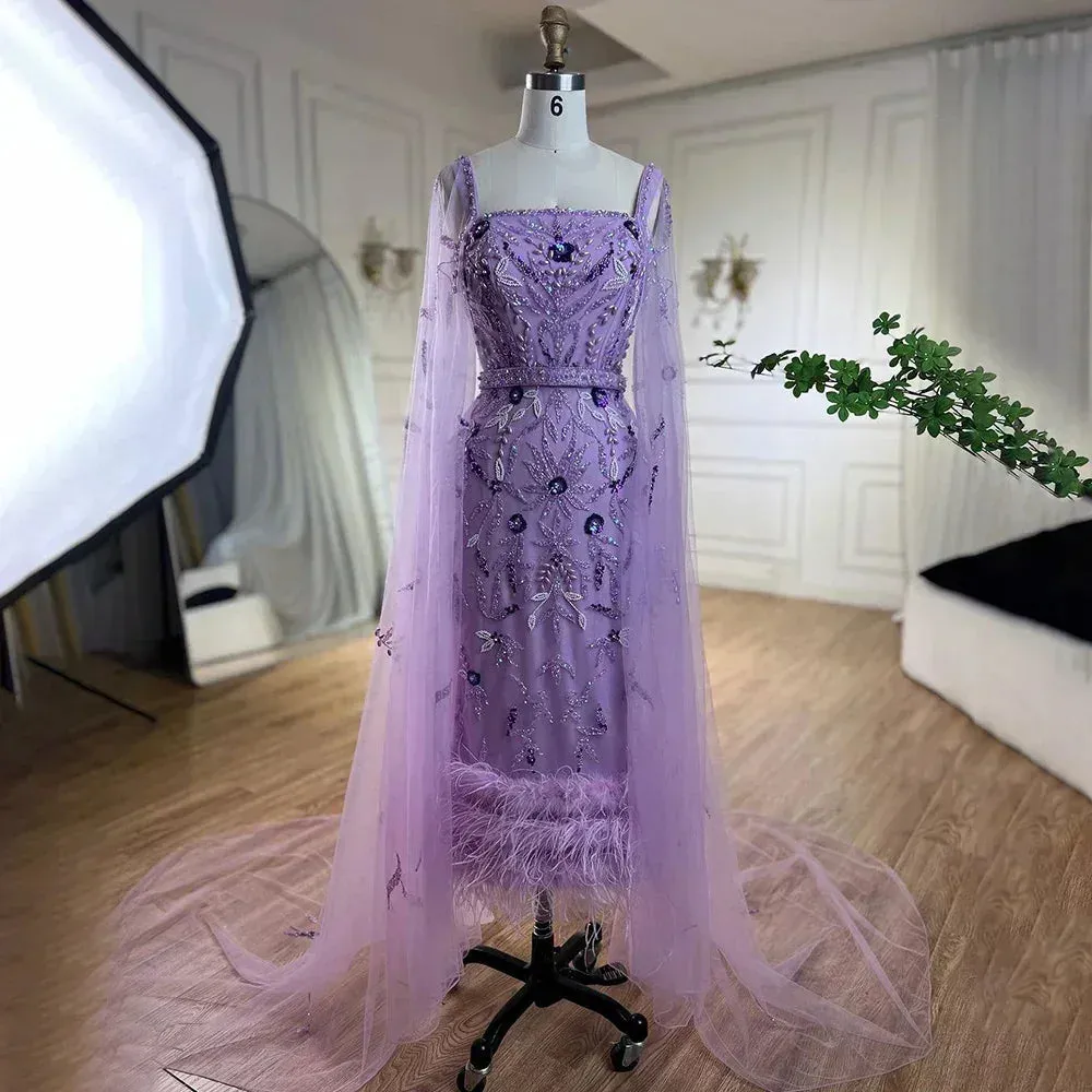 Diynav Mermaid Ankle Length Feather Beaded Evening Dress Gown with Cape HZ1017 - Image 5