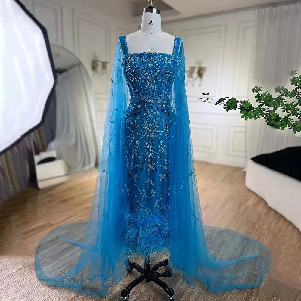 Diynav Mermaid Ankle Length Feather Beaded Evening Dress Gown with Cape HZ1017 - Image 3
