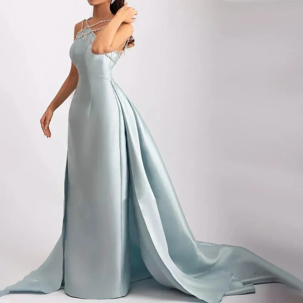 Diynav Light Blue Satin Arabic Evening Dress with Overskirt HZ1017