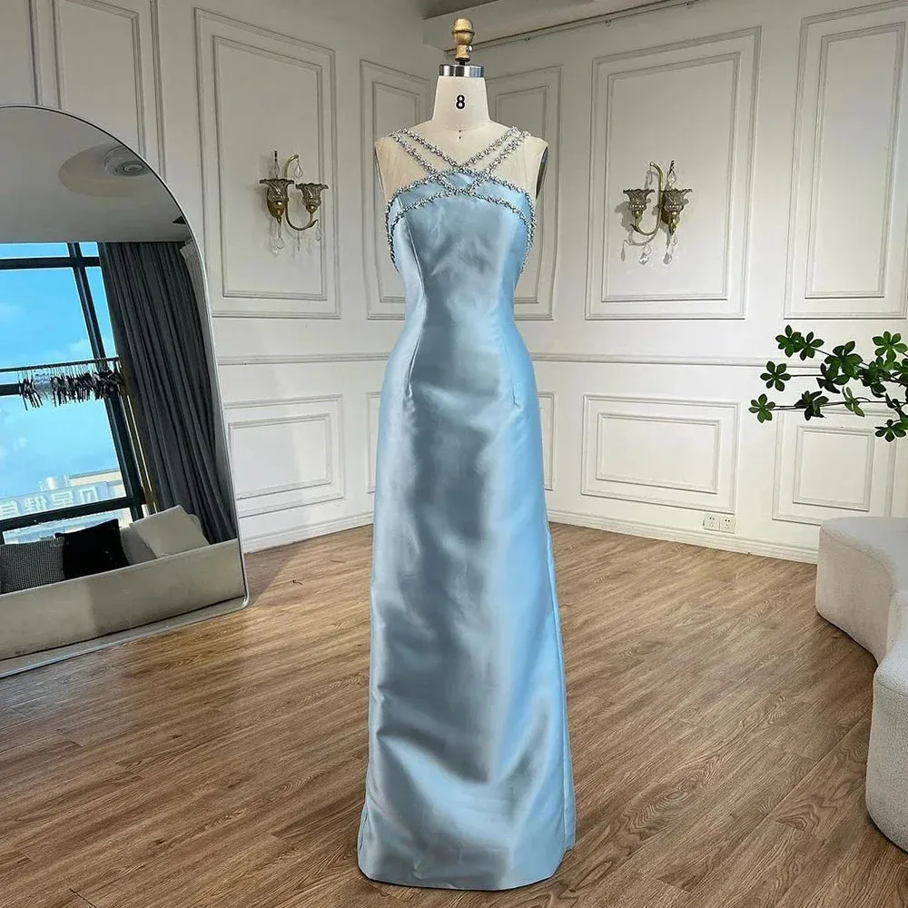 Diynav Light Blue Satin Arabic Evening Dress with Overskirt HZ1017 - Image 5