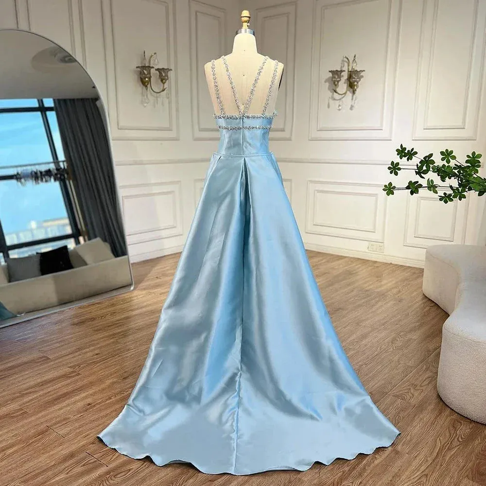 Diynav Light Blue Satin Arabic Evening Dress with Overskirt HZ1017 - Image 6