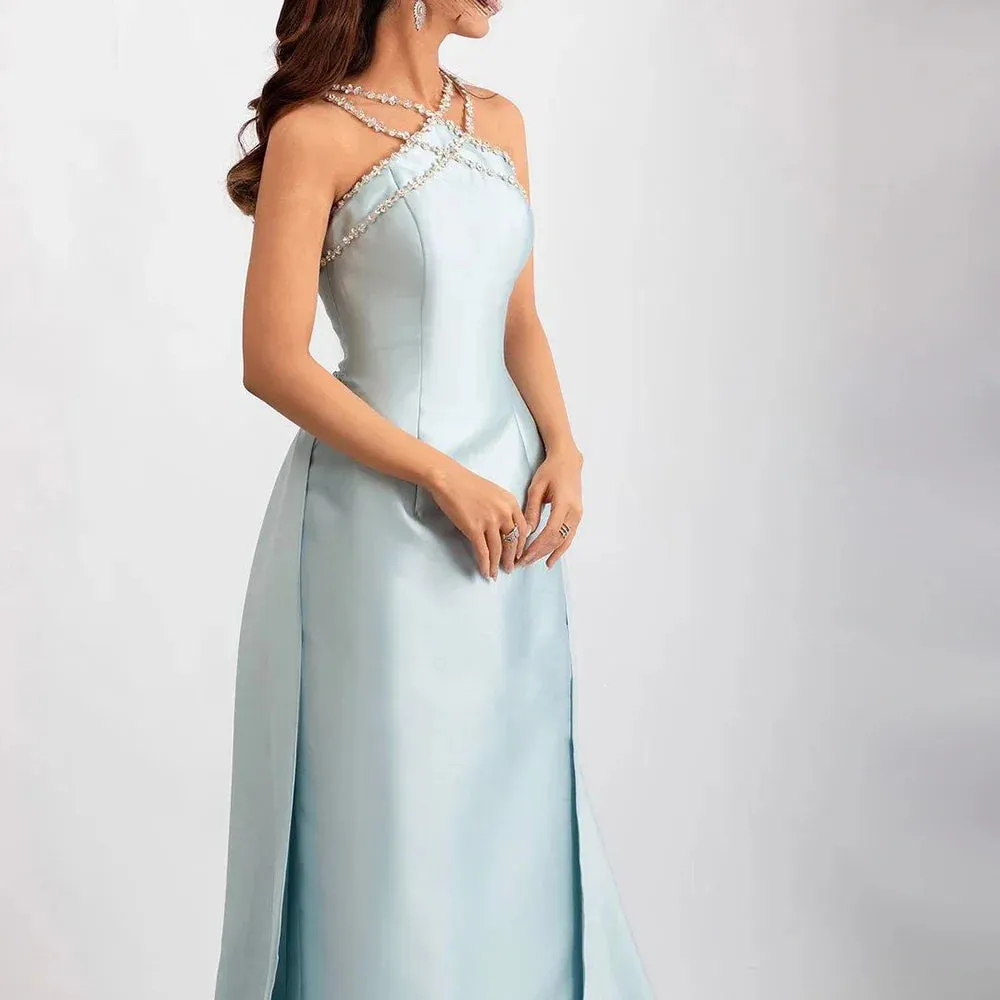 Diynav Light Blue Satin Arabic Evening Dress with Overskirt HZ1017 - Image 2