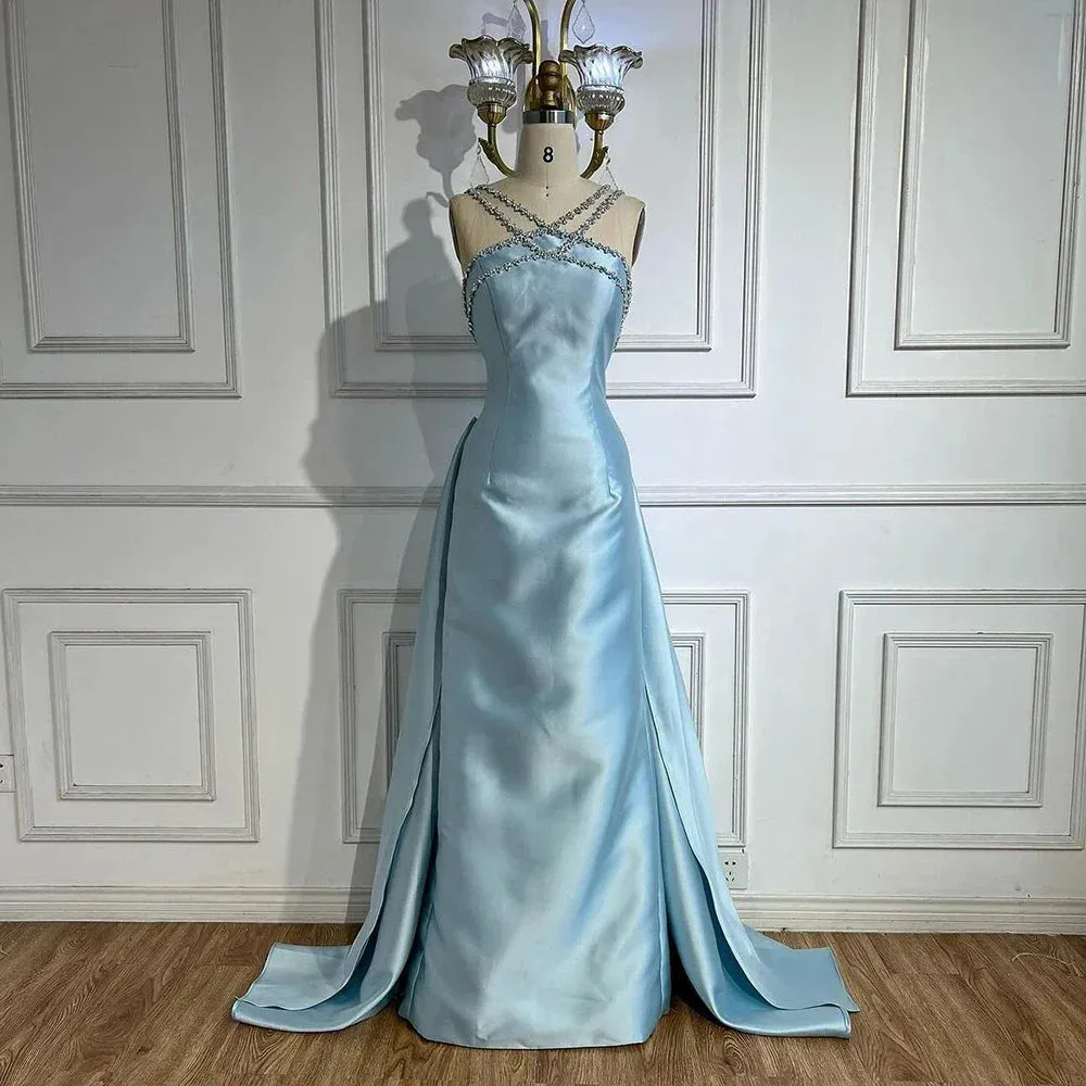 Diynav Light Blue Satin Arabic Evening Dress with Overskirt HZ1017 - Image 3