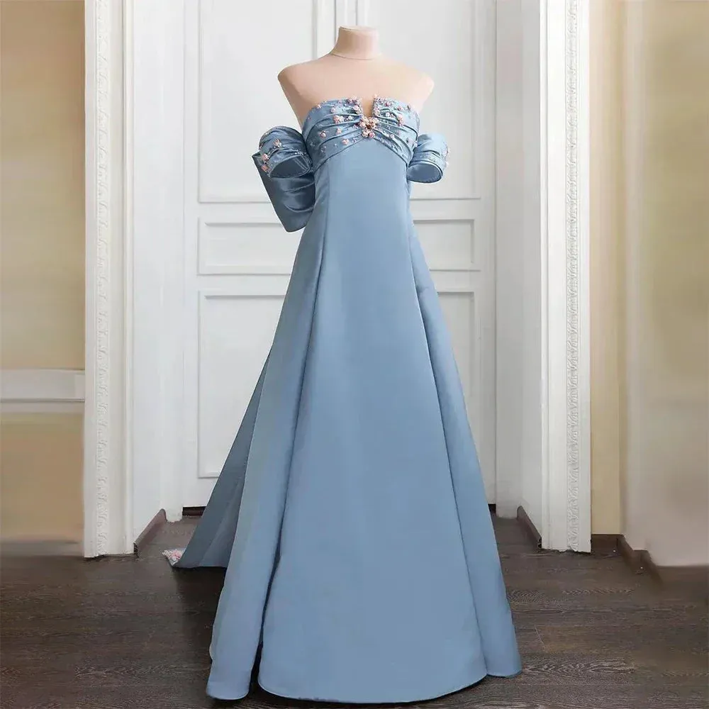 Diynav Arabic Strapless Blue Beaded A-Line Saudi Evening Gown for Formal Occasion HZ1017