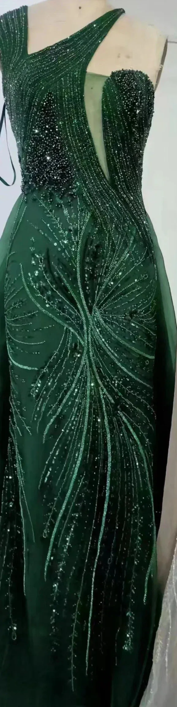 Diynav Nude Mermaid Green Evening Gown with Elegant One Shoulder Overskirt for Formal Occasion HZ1017 - Image 9