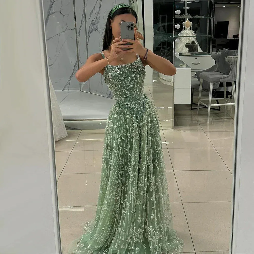 Diynav Green Beaded A-Line Spaghetti Strap Evening Dress Gown HZ1017