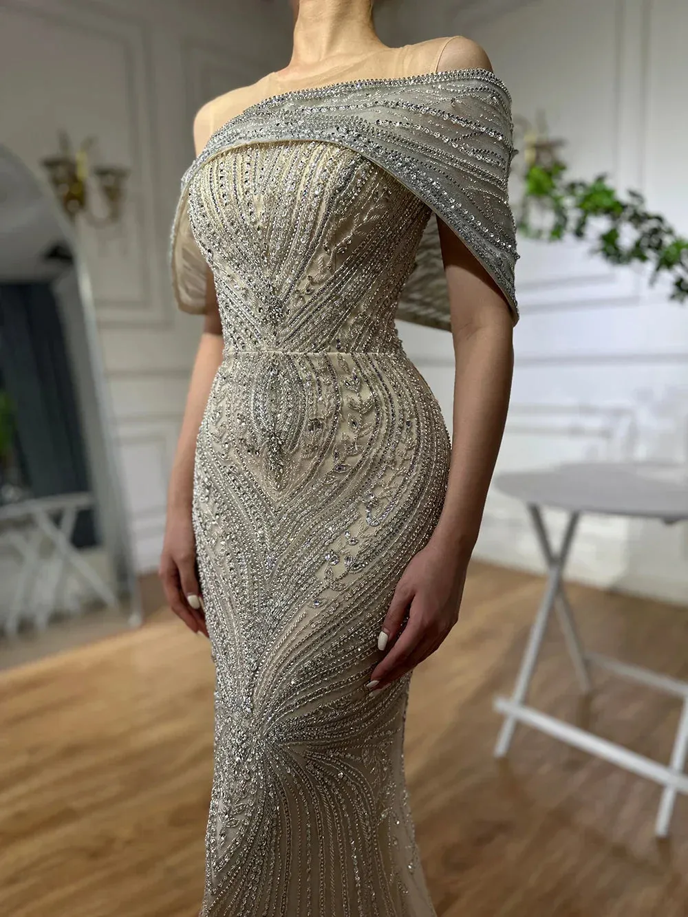 Diynav Saudi Arabic Silver Nude Beaded Mermaid Evening Dress Gown for Formal Occasion HZ1017 - Image 6