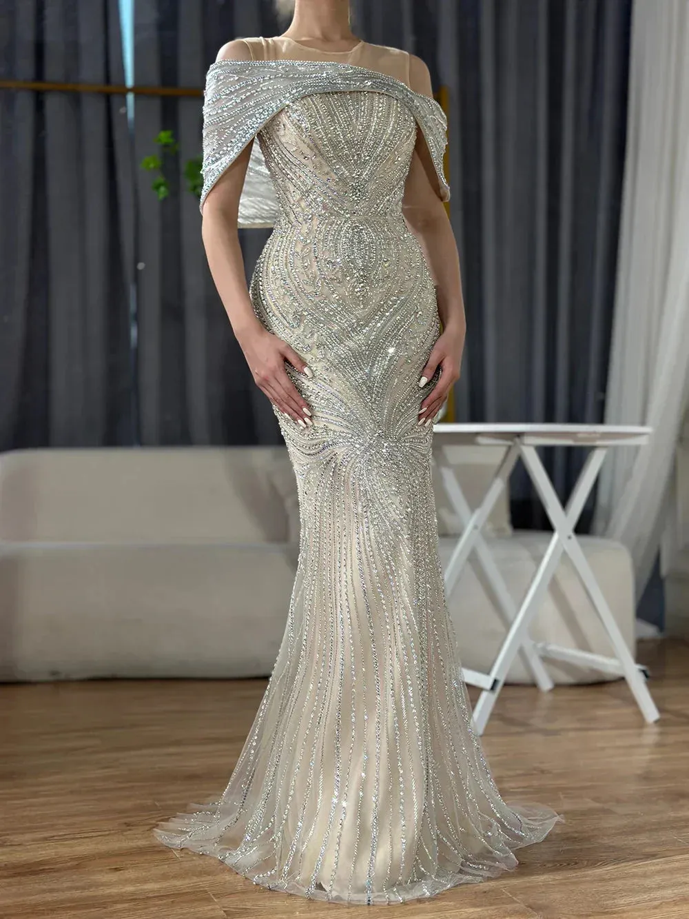 Diynav Saudi Arabic Silver Nude Beaded Mermaid Evening Dress Gown for Formal Occasion HZ1017 - Image 3
