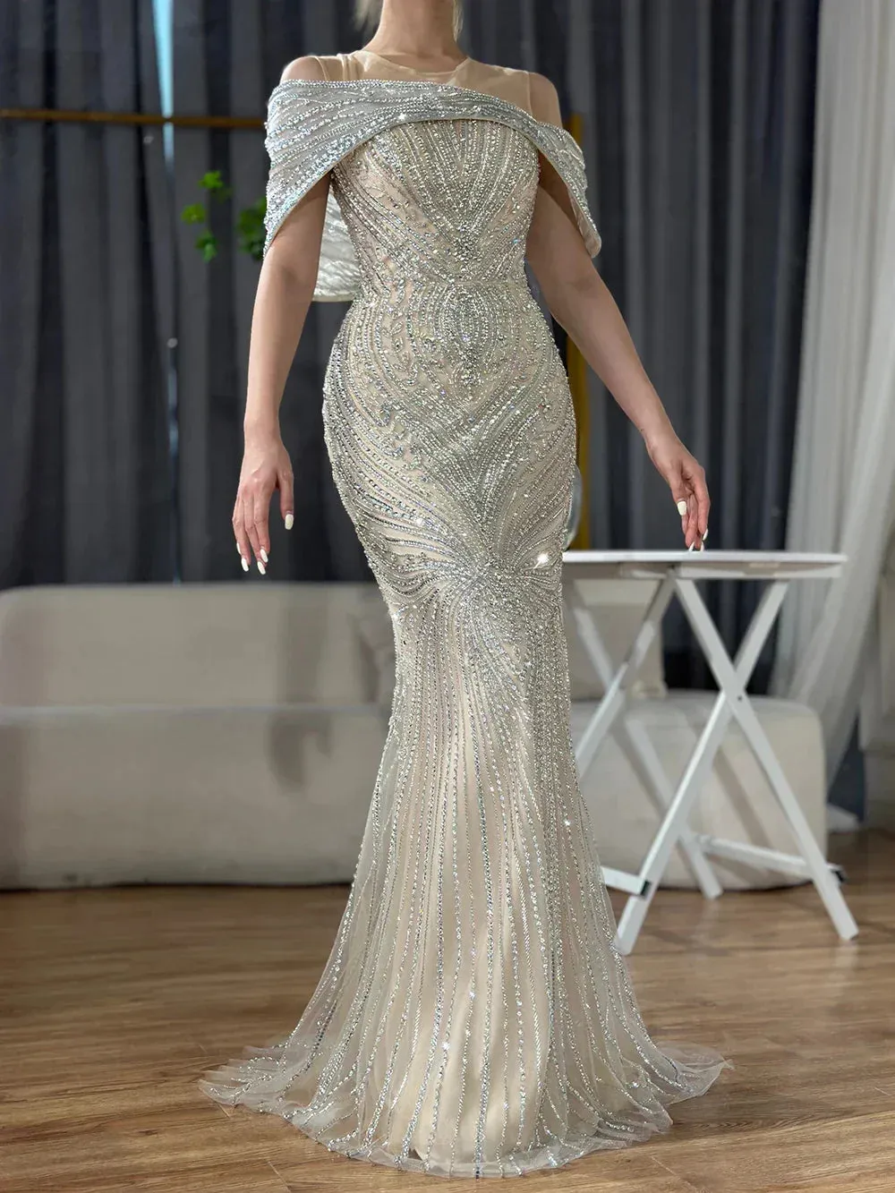 Diynav Saudi Arabic Silver Nude Beaded Mermaid Evening Dress Gown for Formal Occasion HZ1017 - Image 4