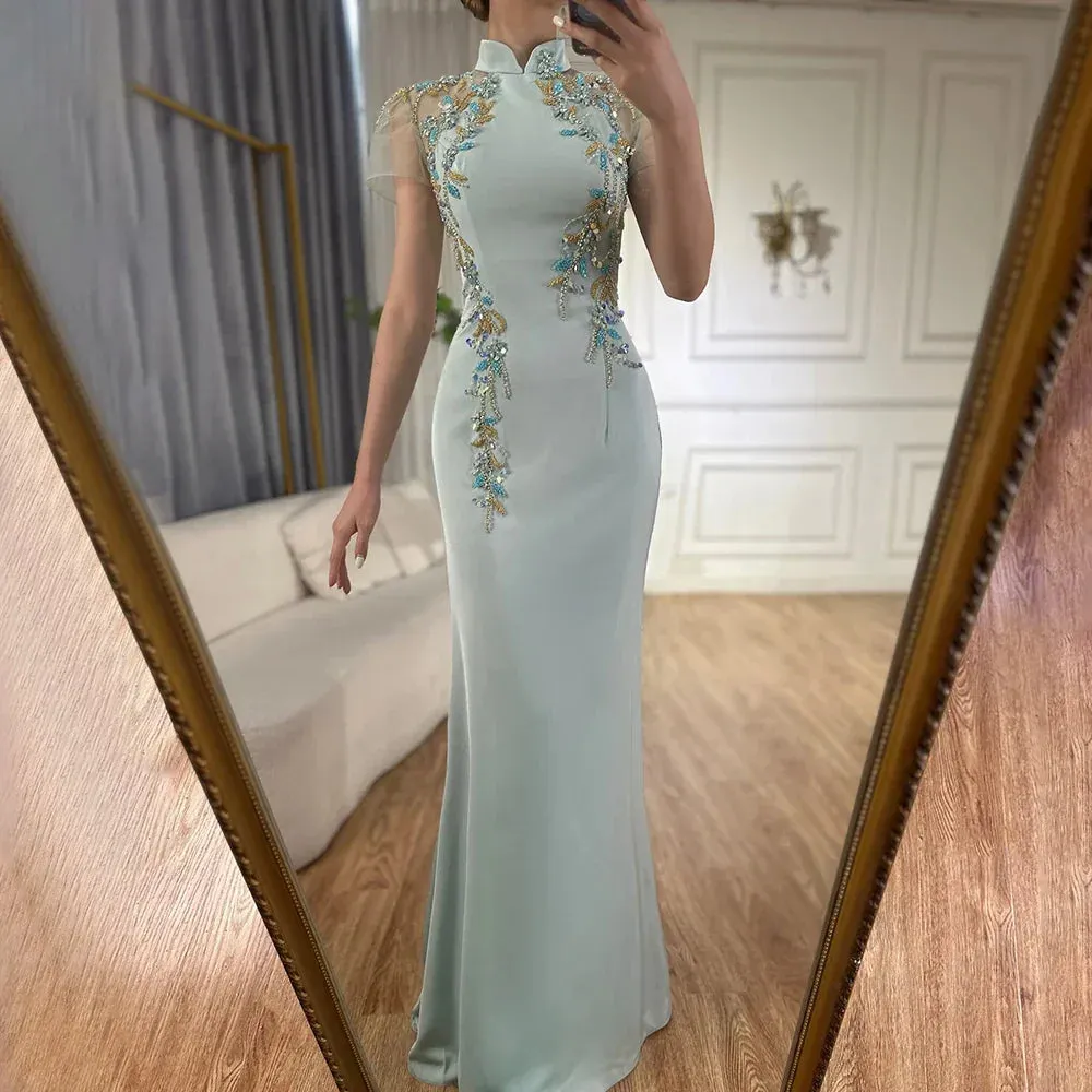 Diynav Saudi Mint Mermaid Beaded Satin Evening Dress Gown with Corset for Formal Occasion HZ1017