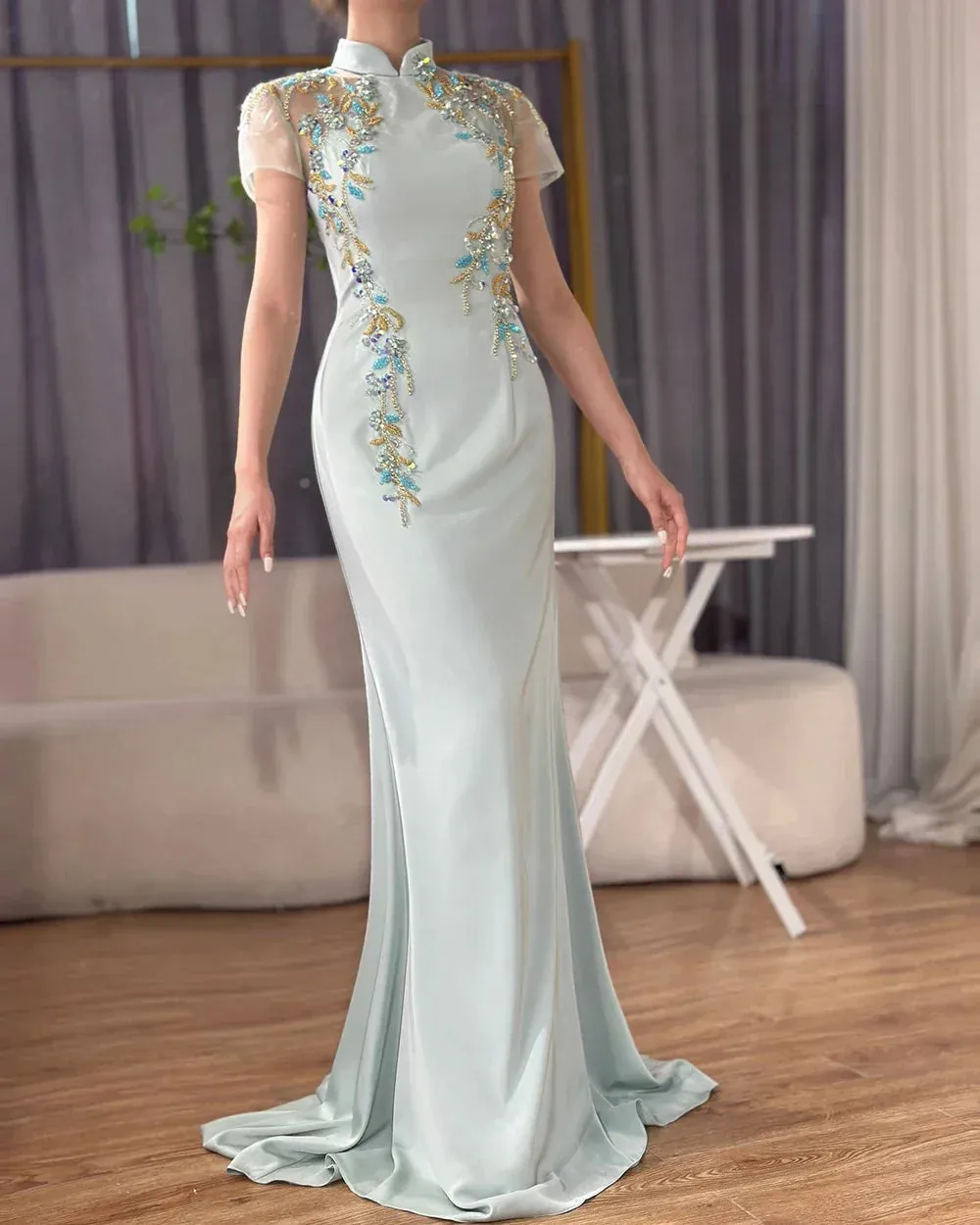 Diynav Saudi Mint Mermaid Beaded Satin Evening Dress Gown with Corset for Formal Occasion HZ1017 - Image 3