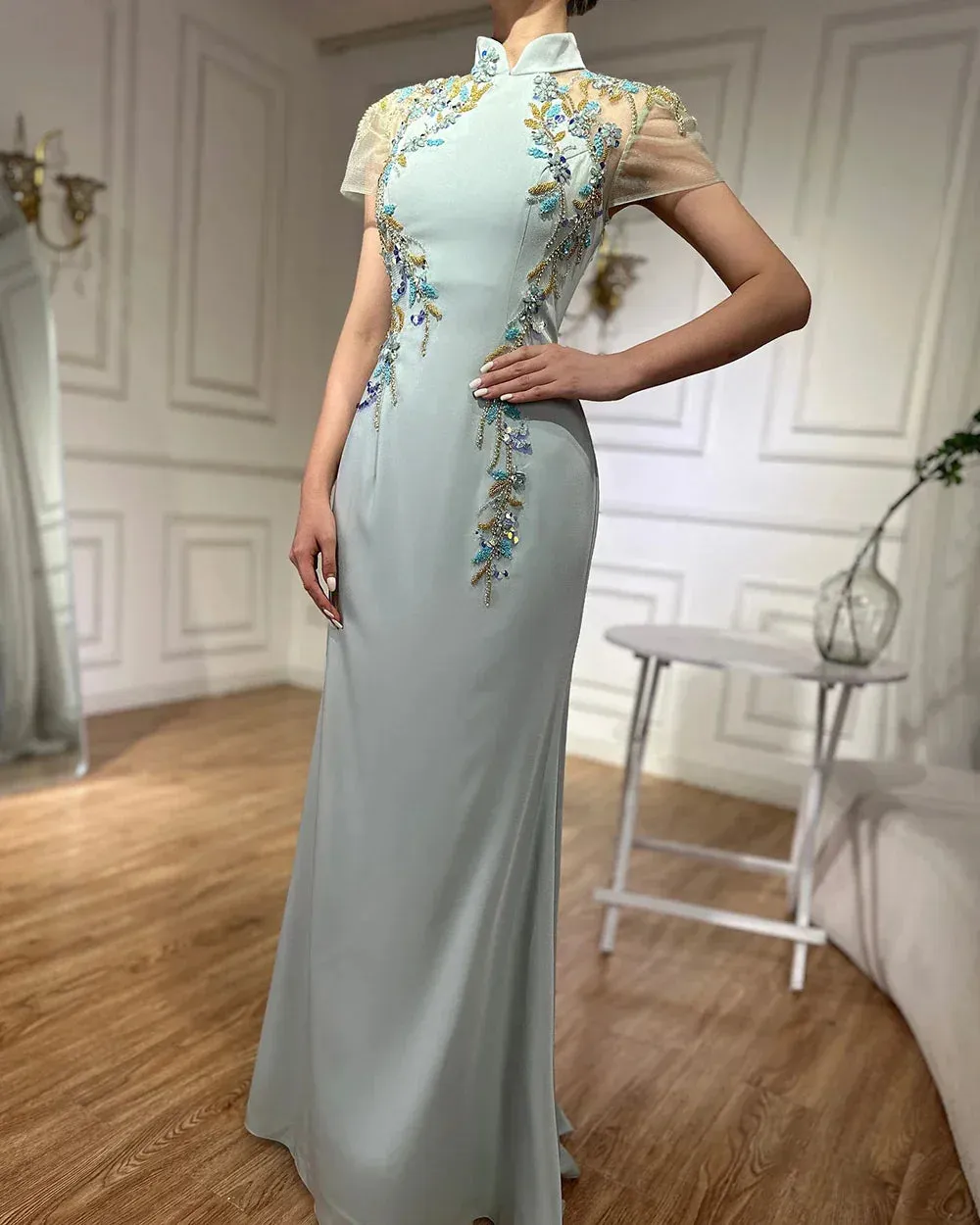 Diynav Saudi Mint Mermaid Beaded Satin Evening Dress Gown with Corset for Formal Occasion HZ1017 - Image 4