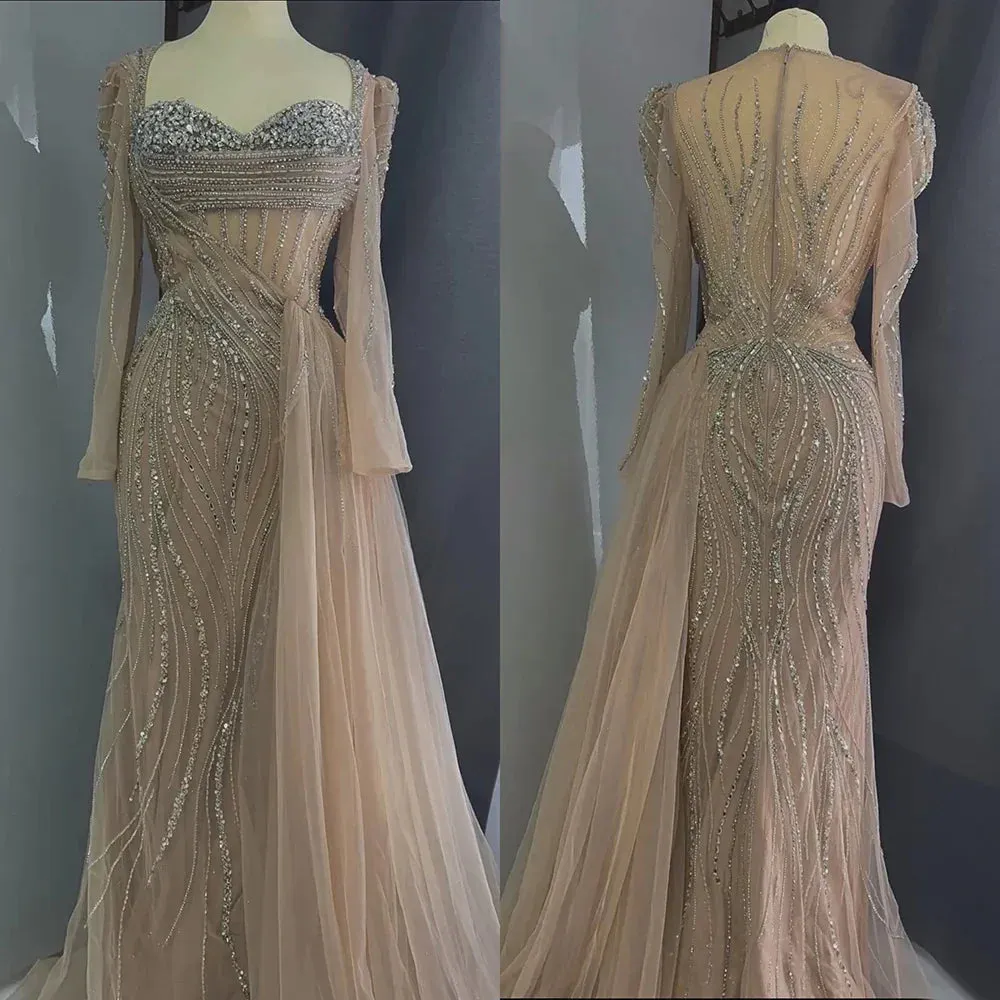 Diynav Saudi Nude Beaded Crystal Arabic Evening Dresses Gowns with Overskirt for Formal Occasion HZ1017