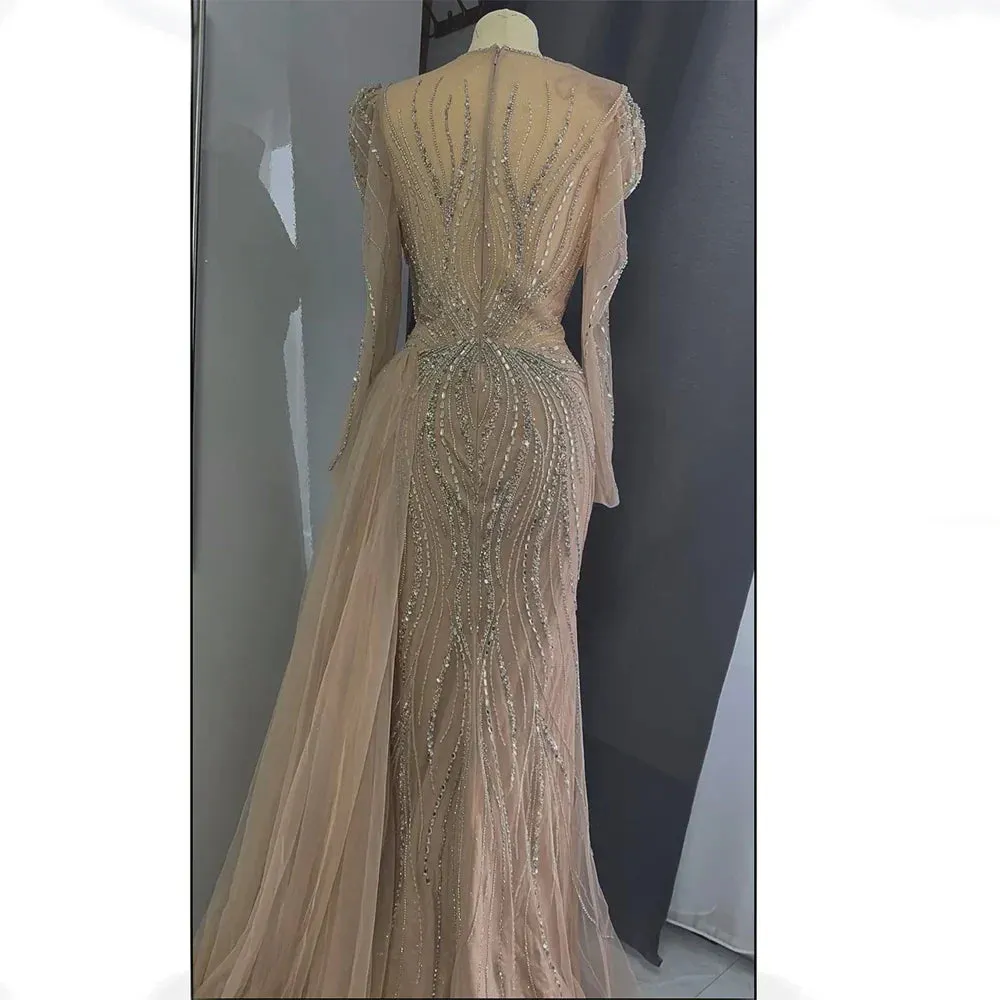 Diynav Saudi Nude Beaded Crystal Arabic Evening Dresses Gowns with Overskirt for Formal Occasion HZ1017 - Image 3
