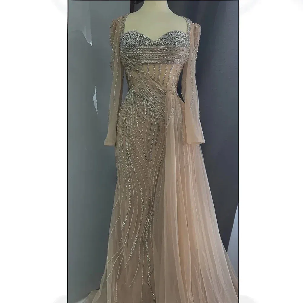 Diynav Saudi Nude Beaded Crystal Arabic Evening Dresses Gowns with Overskirt for Formal Occasion HZ1017 - Image 2