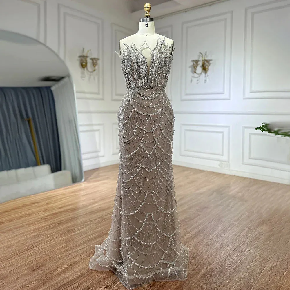 Diynav Nude Saudi Pearls Beaded Strapless Mermaid Evening Dresses Gowns for Formal Occasion HZ1017