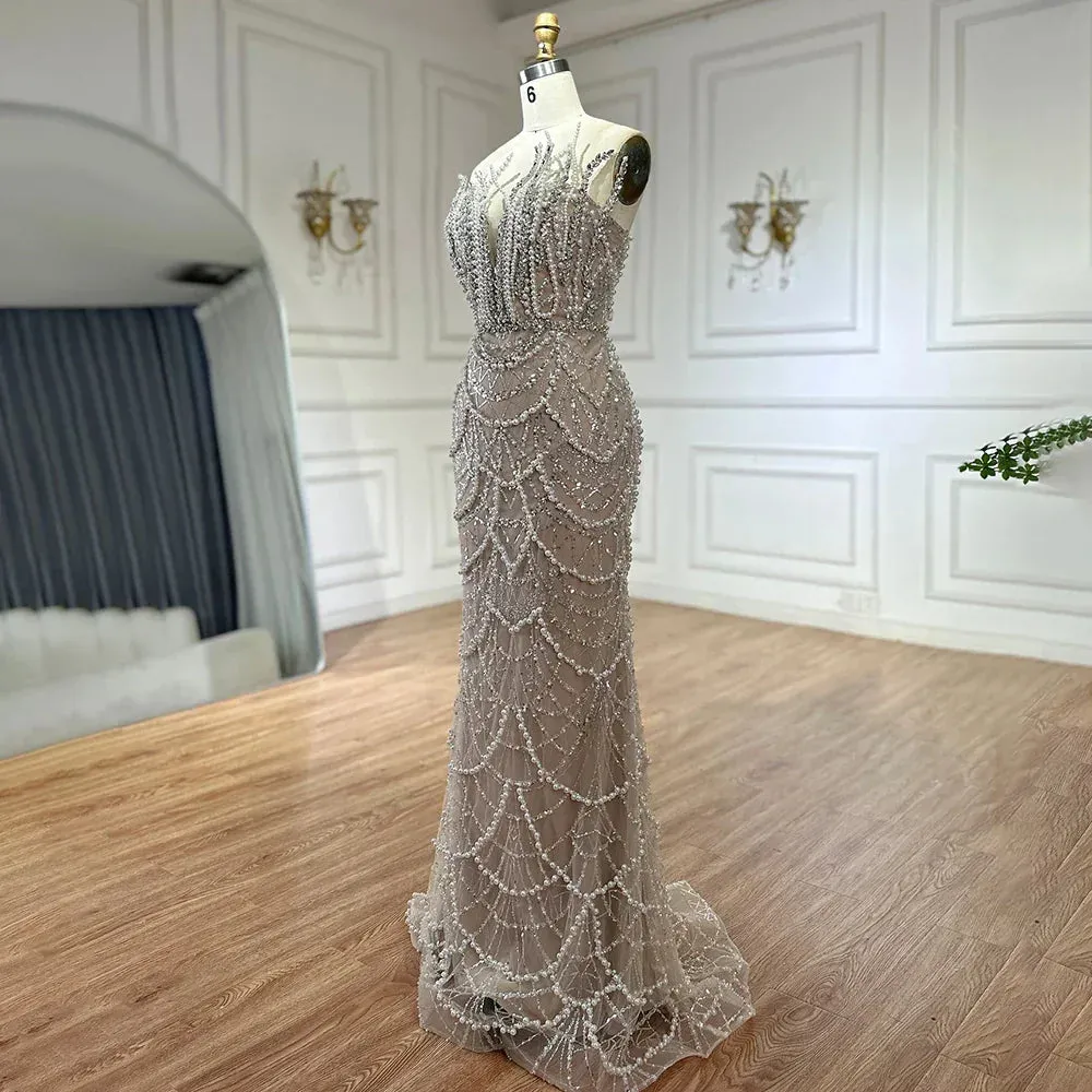 Diynav Nude Saudi Pearls Beaded Strapless Mermaid Evening Dresses Gowns for Formal Occasion HZ1017 - Image 2