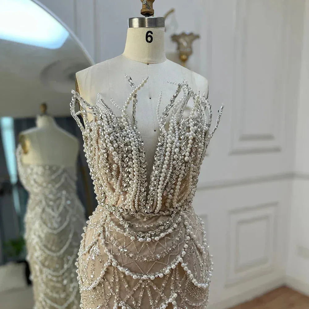 Diynav Nude Saudi Pearls Beaded Strapless Mermaid Evening Dresses Gowns for Formal Occasion HZ1017 - Image 5