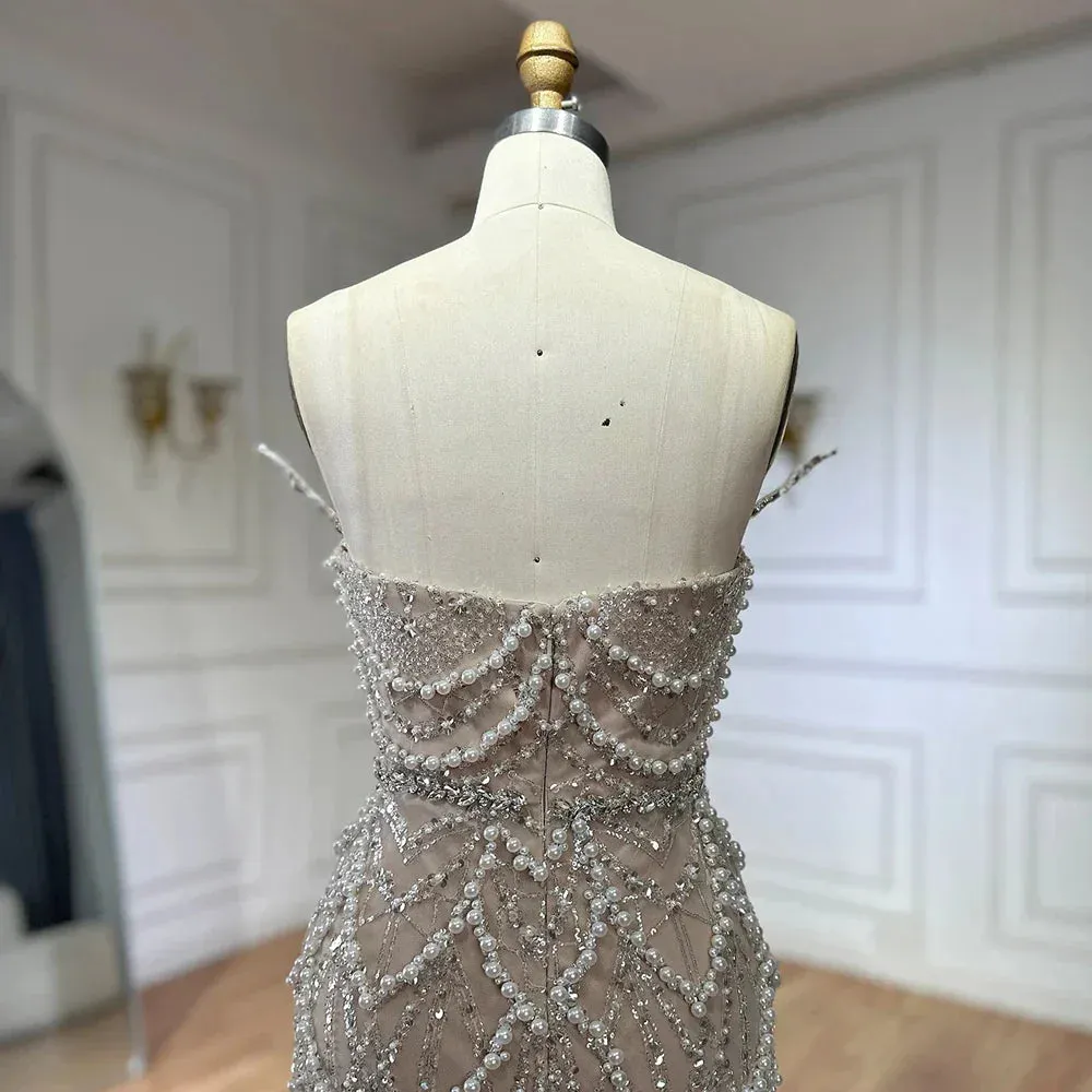 Diynav Nude Saudi Pearls Beaded Strapless Mermaid Evening Dresses Gowns for Formal Occasion HZ1017 - Image 6