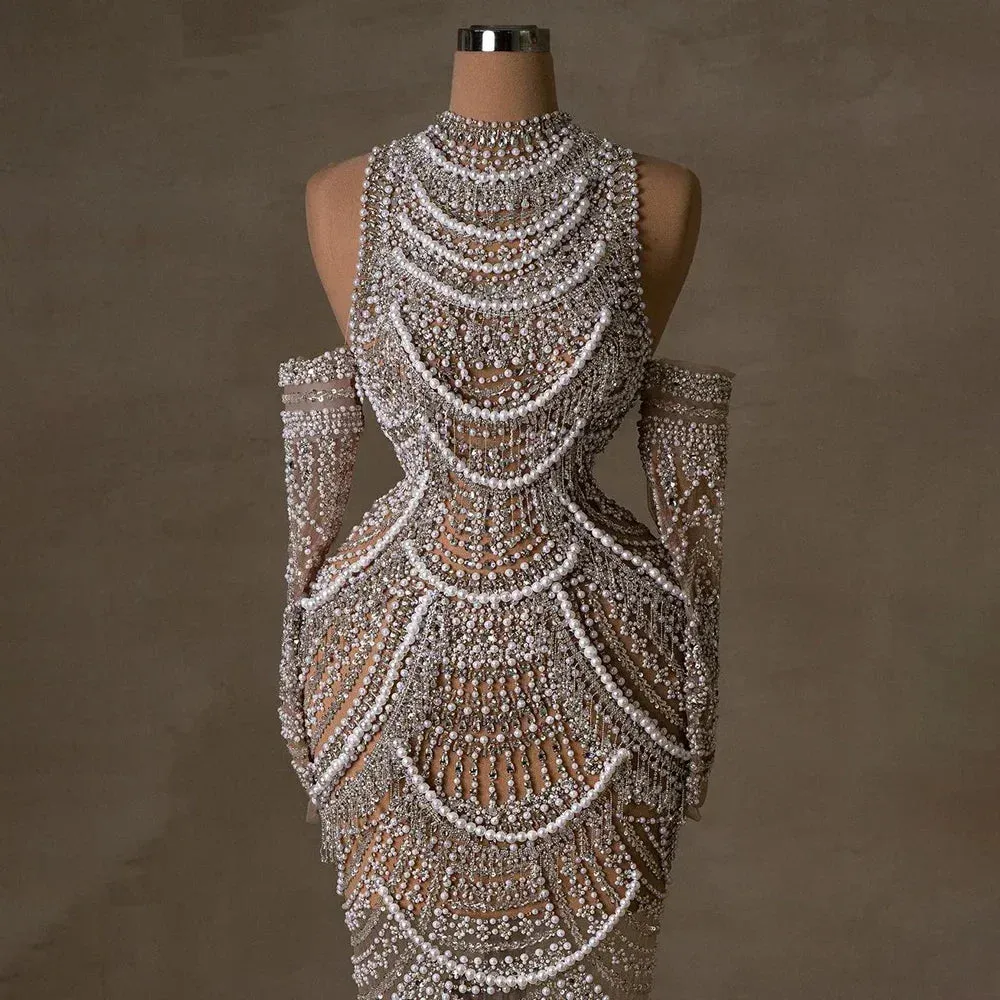 Diynav Nude Mermaid Elegant Evening Dress Gowns with Pearls Beaded for Formal Occasion 2025 HZ1017 - Image 4