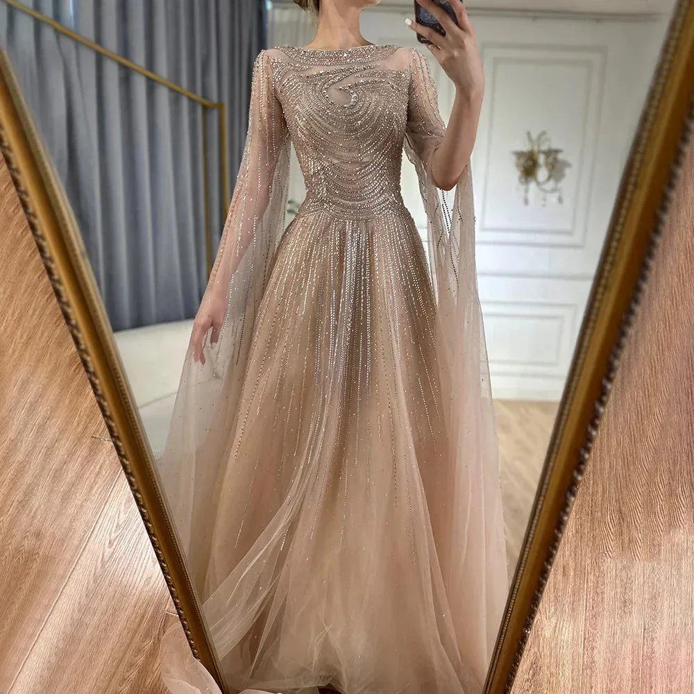 Diynav Caramel Saudi Evening Dresses with Cape Sleeves A-Line Beaded For Wedding Party 2025 HZ1017
