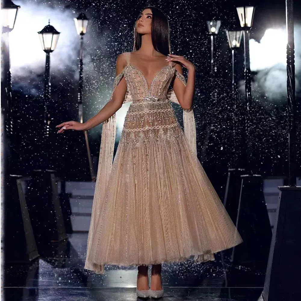 Diynav Nude A-Line Midi Straps Beaded Evening Dresses Gowns 2025 For Women Wedding Party HZ1017