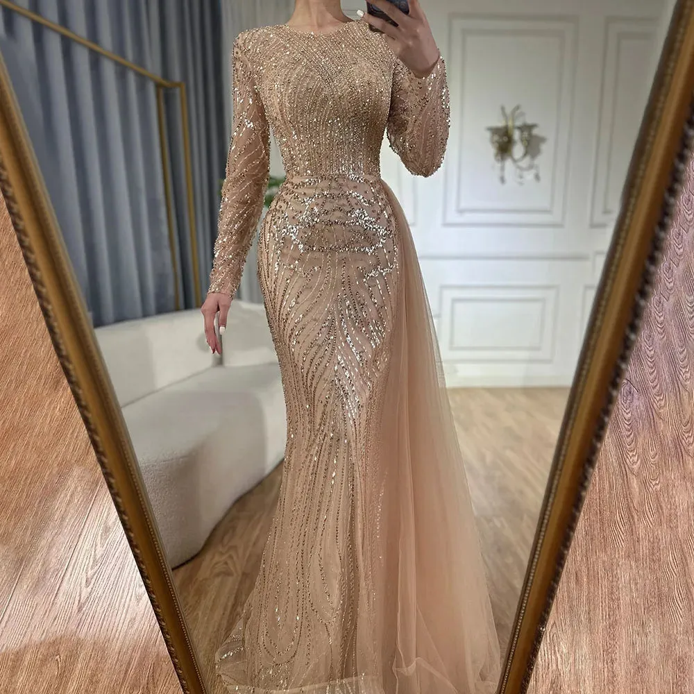 Diynav Beaded Mermaid Long Arabic Evening Dresses Gowns With Overskirt for Formal Occasion 2025 HZ1017
