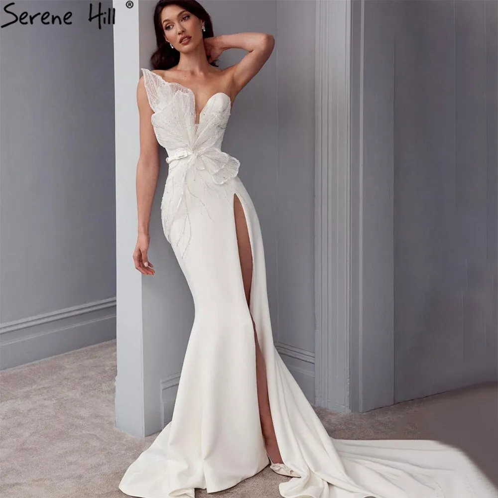 Diynav White Satin Beaded Split Evening Dresses Gowns 2025 Mermaid Elegant =Sexy For Women Party HZ1017