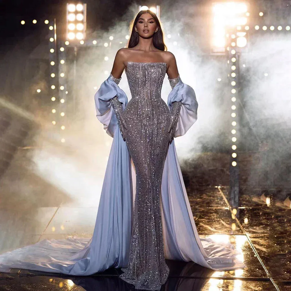 Diynav Dubai Arabic Blue Mermaid Balloon Sleeves Beaded Evening Dresses HZ1017