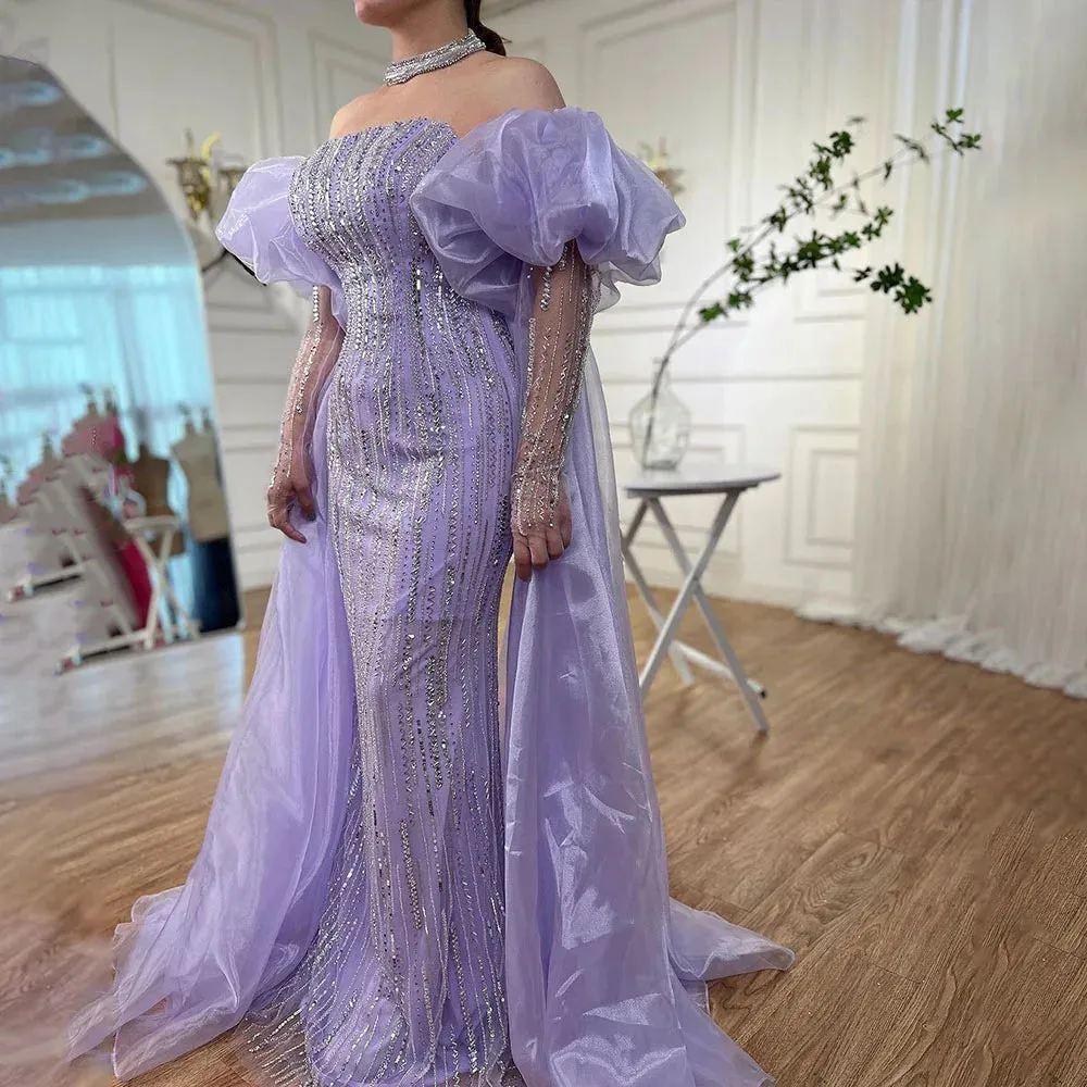 Diynav Dubai Arabic Blue Mermaid Balloon Sleeves Beaded Evening Dresses HZ1017 - Image 10