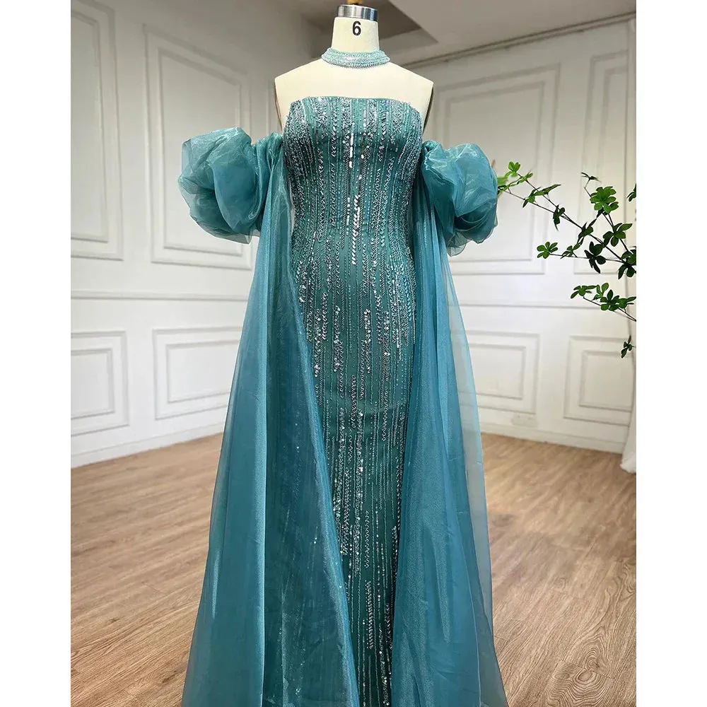 Diynav Dubai Arabic Blue Mermaid Balloon Sleeves Beaded Evening Dresses HZ1017 - Image 8