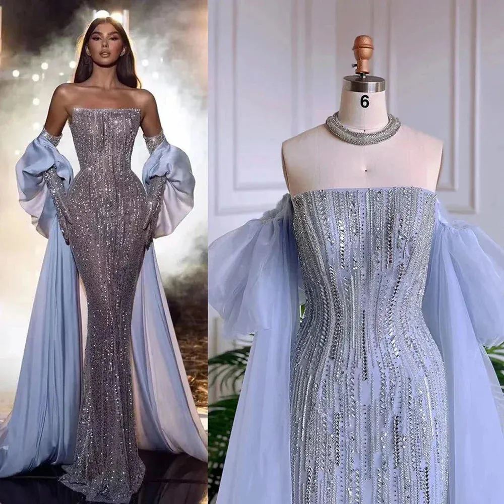 Diynav Dubai Arabic Blue Mermaid Balloon Sleeves Beaded Evening Dresses HZ1017 - Image 5